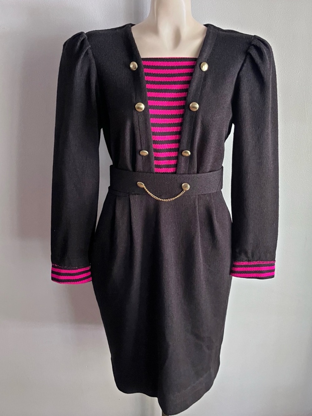 Vintage 80s Megan Moore Black Pink Striped Sweater Dress Belted Midi 10